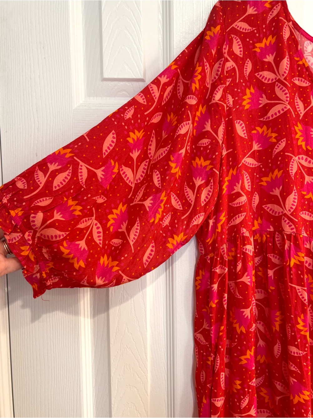 Briton Court Red Floral Maxi Dress with Pink and Orange Leaf Print Large Modal - Picture 4 of 6
